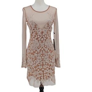 For Love & Lemons Luau Mini Dress M Nude Embroidered Sheer Mesh Long Sleeve NWT
